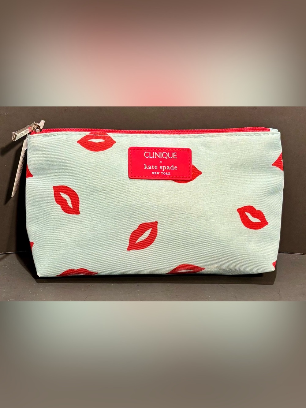 Clinique x kate spade Mint Cosmetic Pouch with Red Lip Print